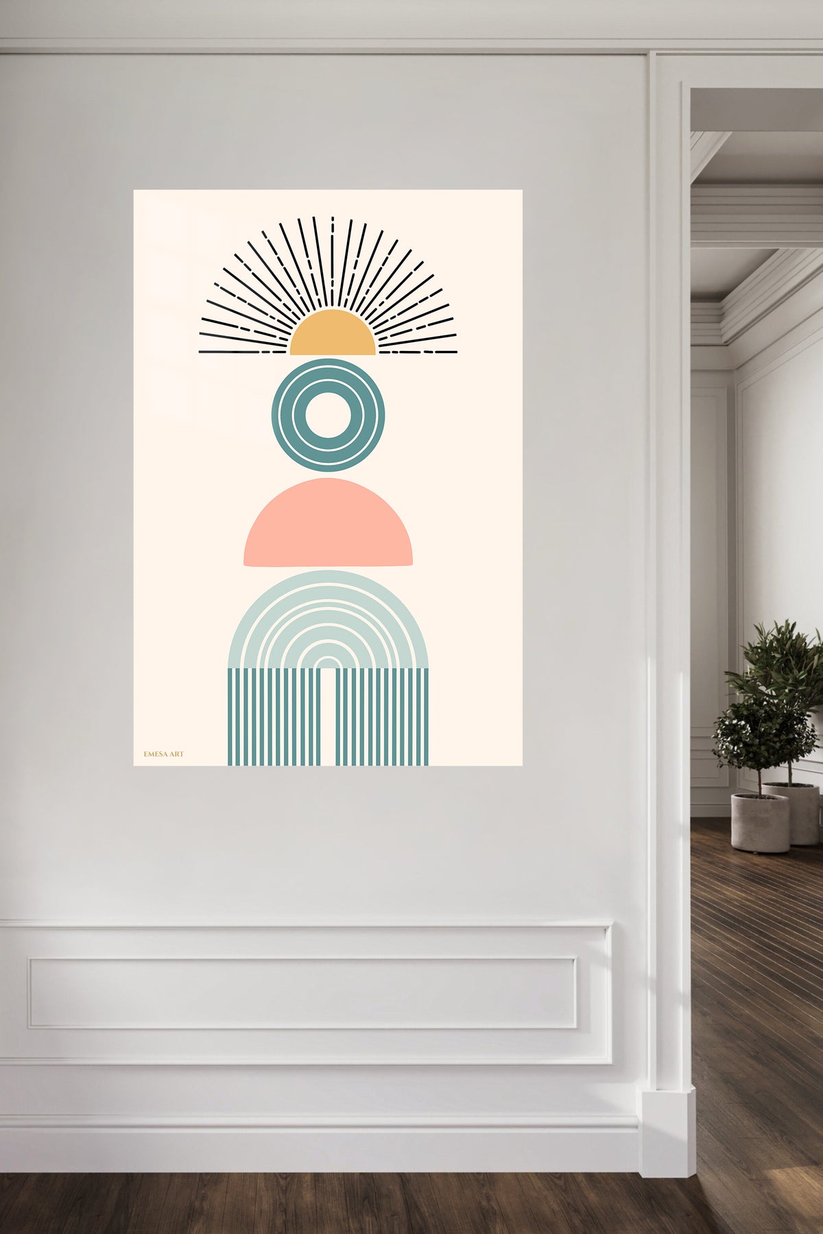 Retro Sun and Arch Balance metal wall art displayed in a contemporary living space