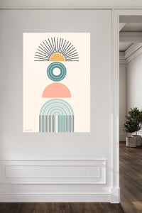 Retro Sun and Arch Balance metal wall art displayed in a contemporary living space