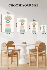 EMESA metal wall art size comparison guide for Retro Sun and Arch Balance