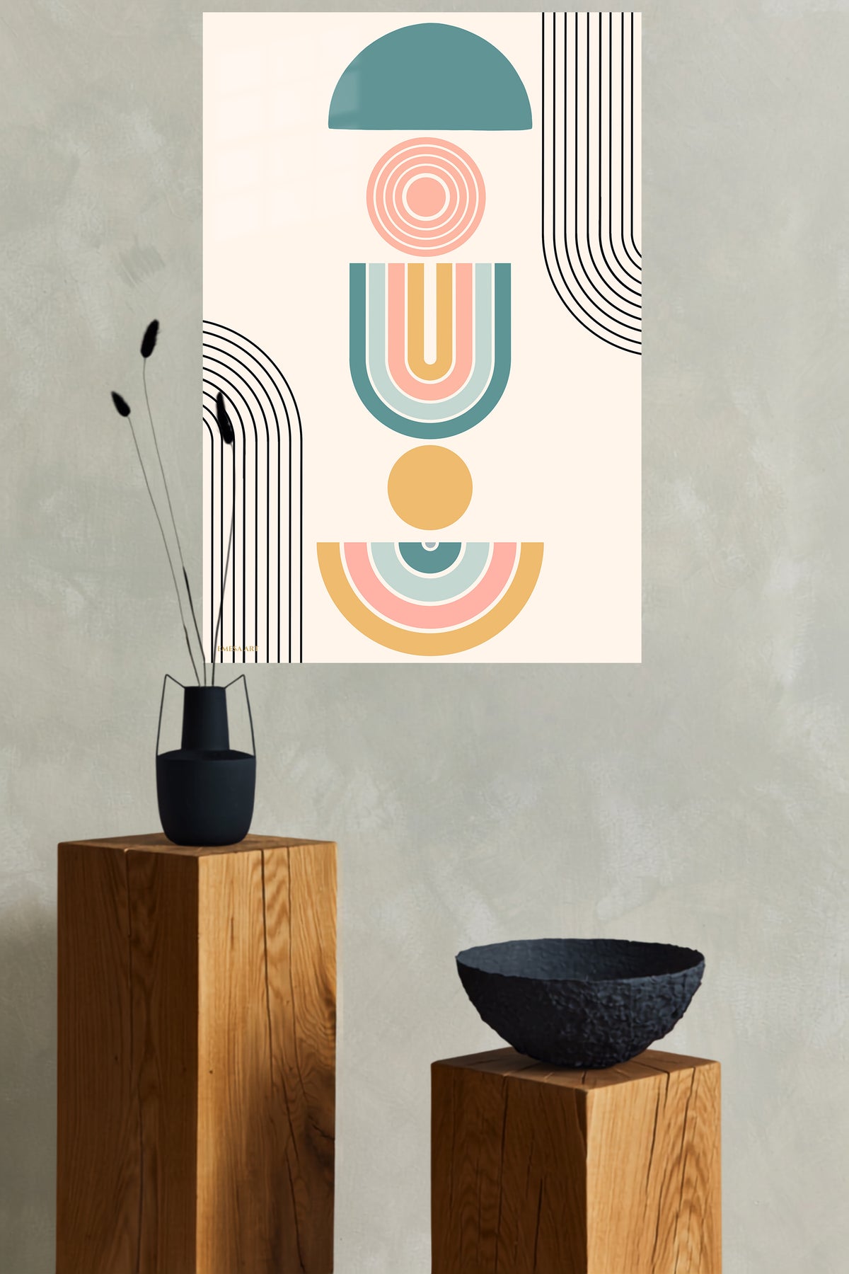Pastel Geometric Balance metal wall art displayed in a modern interior