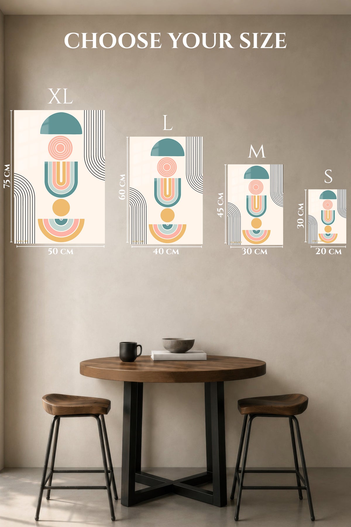 EMESA metal wall art size comparison guide for Pastel Geometric Balance
