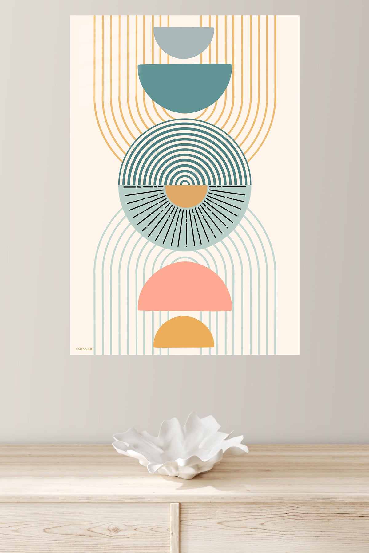 Stacked Arches and Sunbursts metal wall art displayed in a modern interior