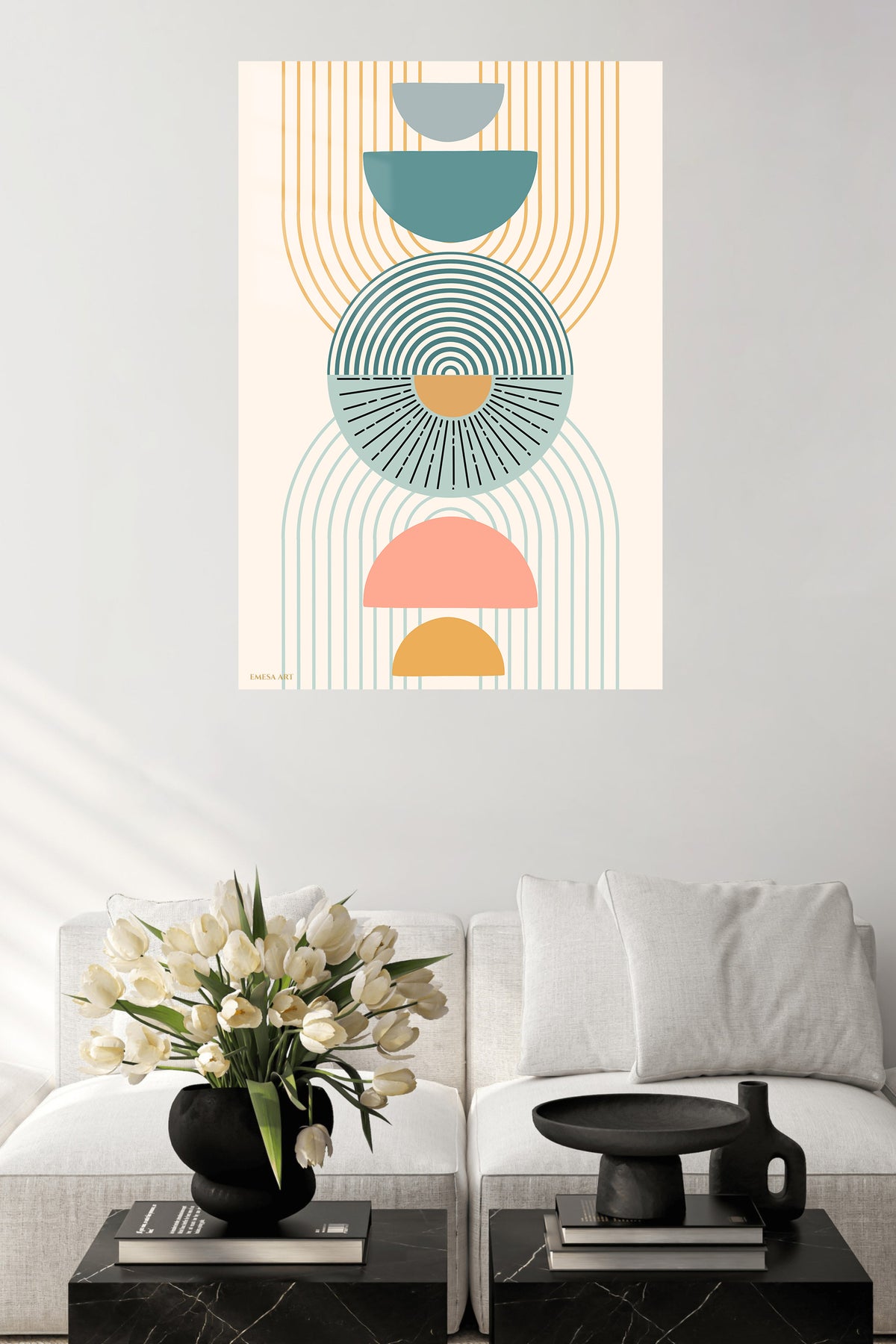 Stacked Arches and Sunbursts metal wall art displayed in a contemporary living space