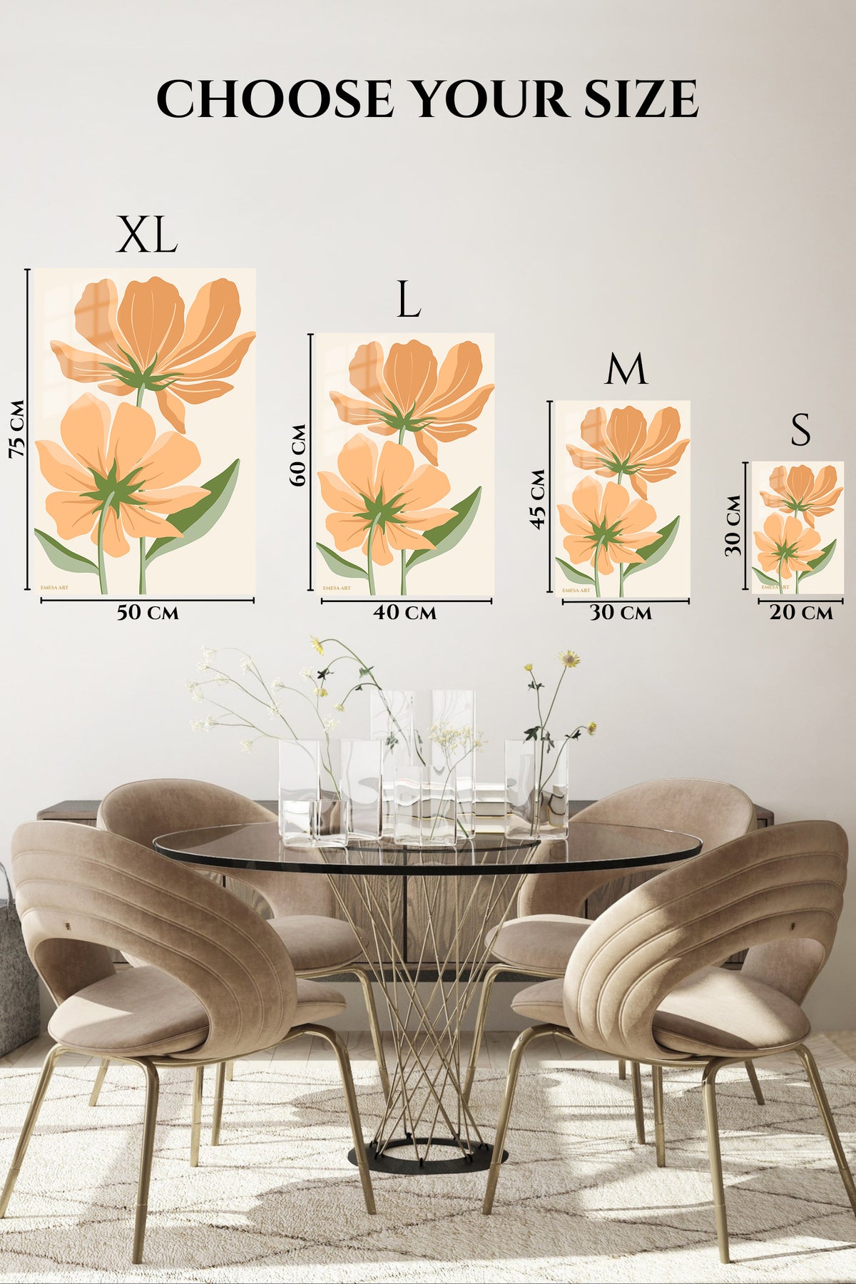 EMESA metal wall art size comparison guide for Peach Wildflower Pair