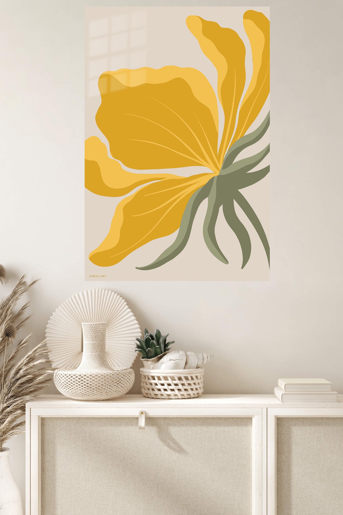 Golden Bird of Paradise metal wall art displayed in a modern interior