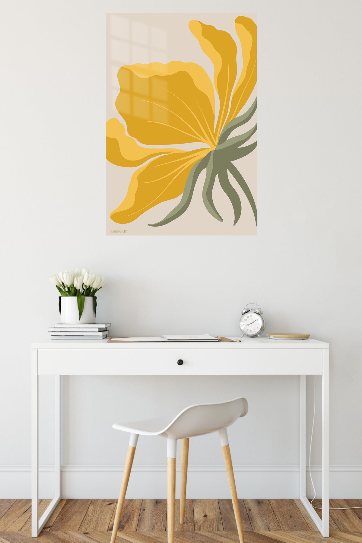 Golden Bird of Paradise metal wall art displayed in a contemporary living space