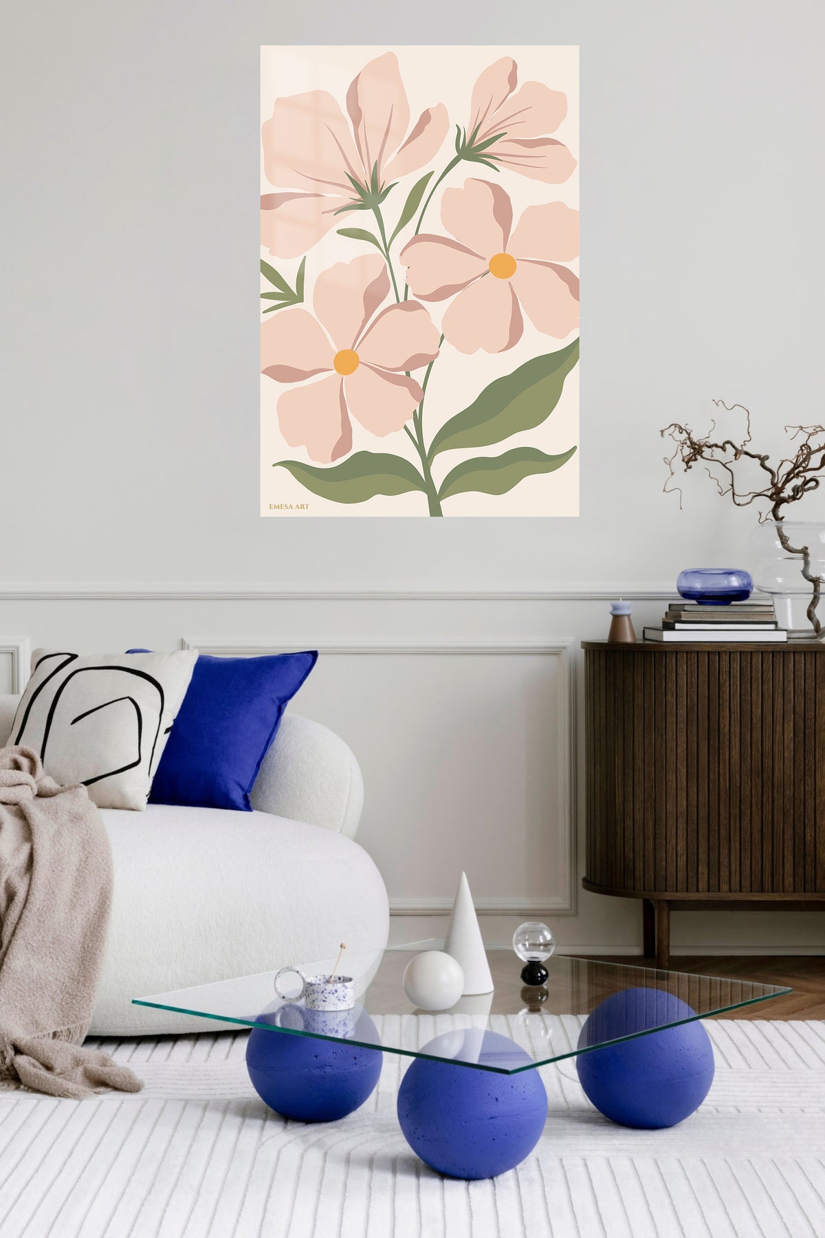 Blush Wildflower Garden metal wall art displayed in a contemporary living space