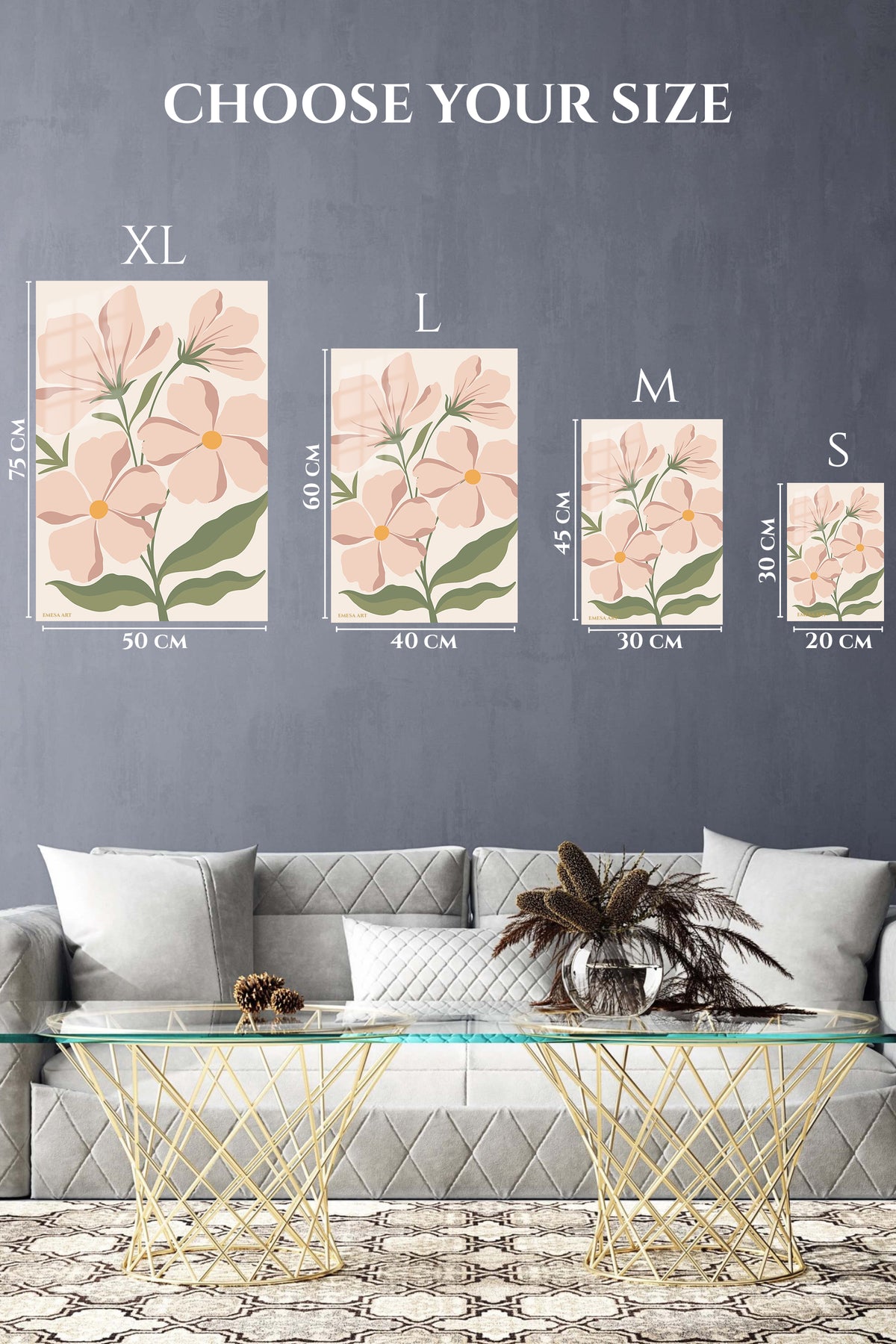 EMESA metal wall art size comparison guide for Blush Wildflower Garden