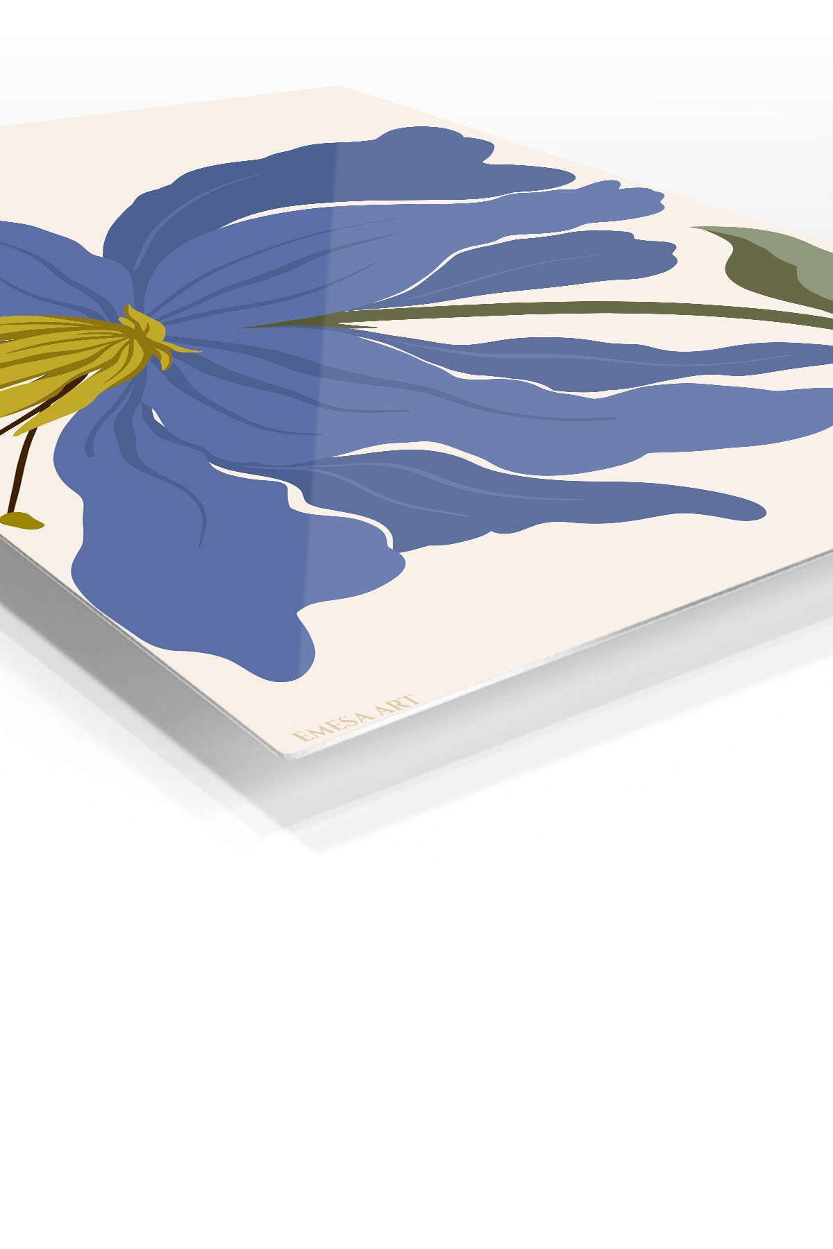 Indigo Bloom premium metal wall art – angled view