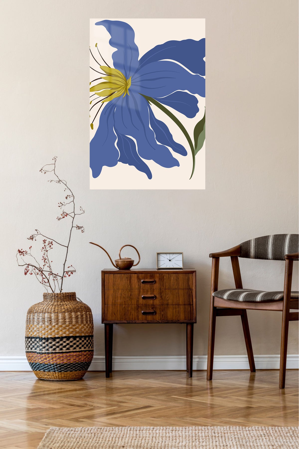 Indigo Bloom metal wall art displayed in a contemporary living space