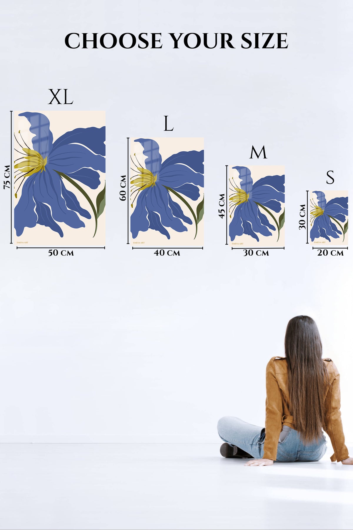 EMESA metal wall art size comparison guide for Indigo Bloom