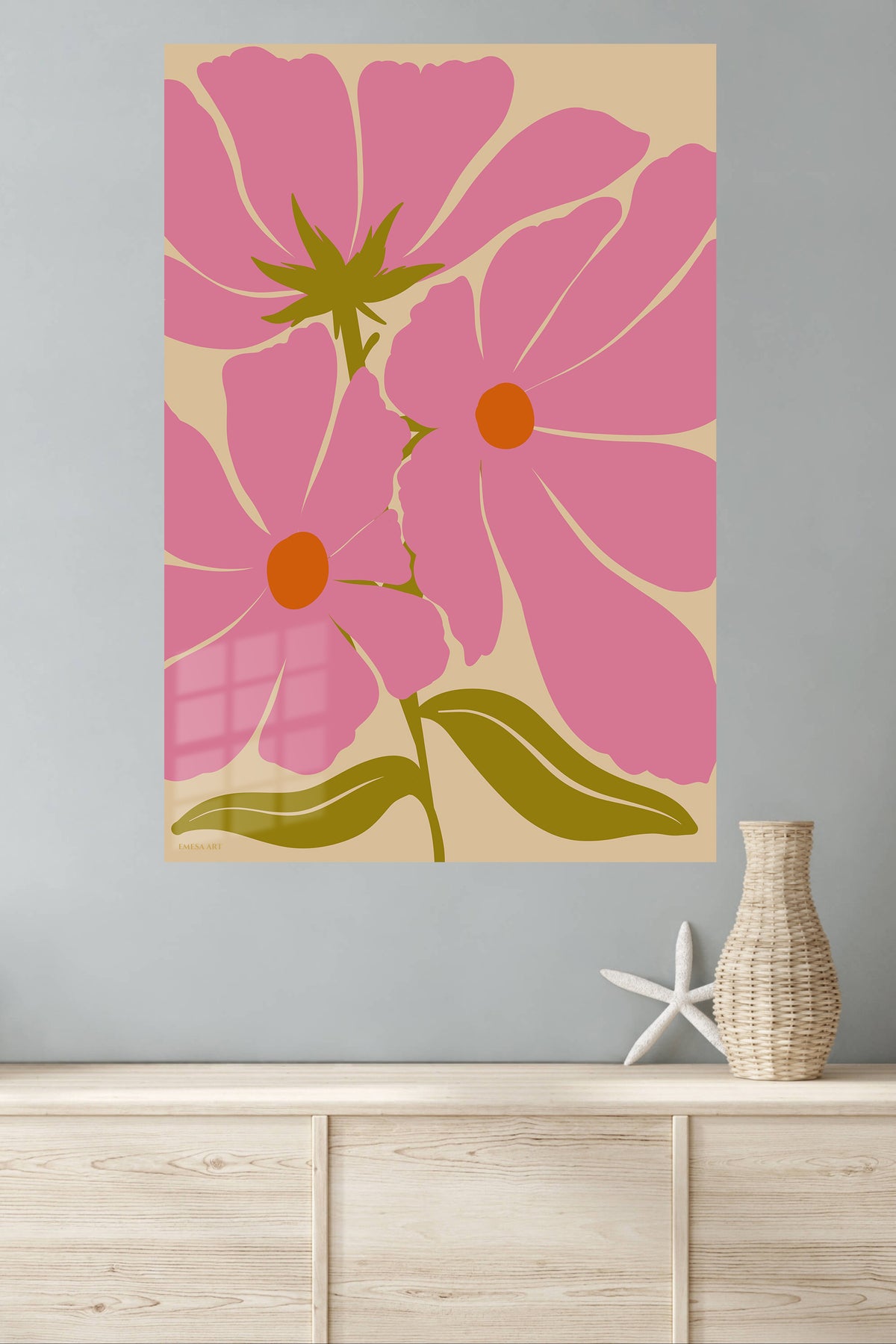Pink Poppy Bloom metal wall art displayed in a modern interior