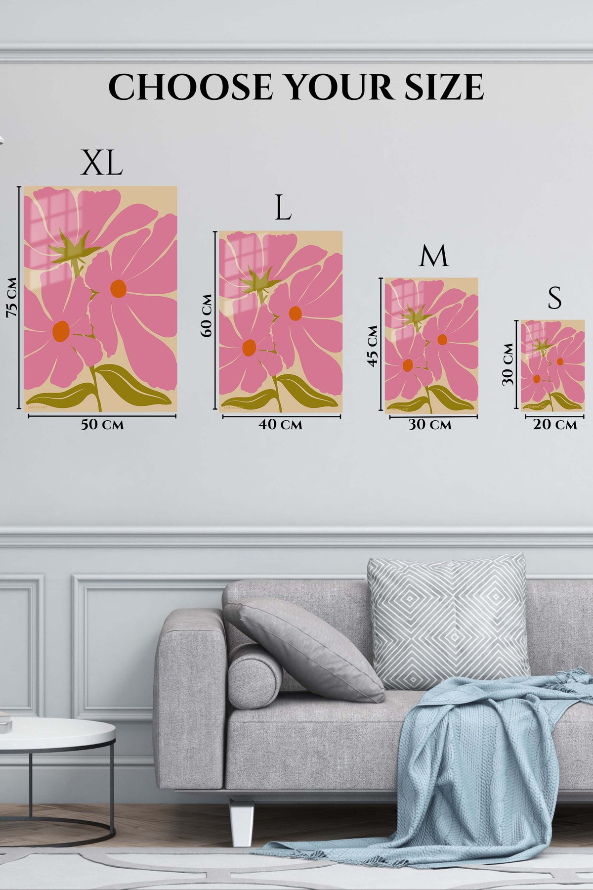 EMESA metal wall art size comparison guide for Pink Poppy Bloom