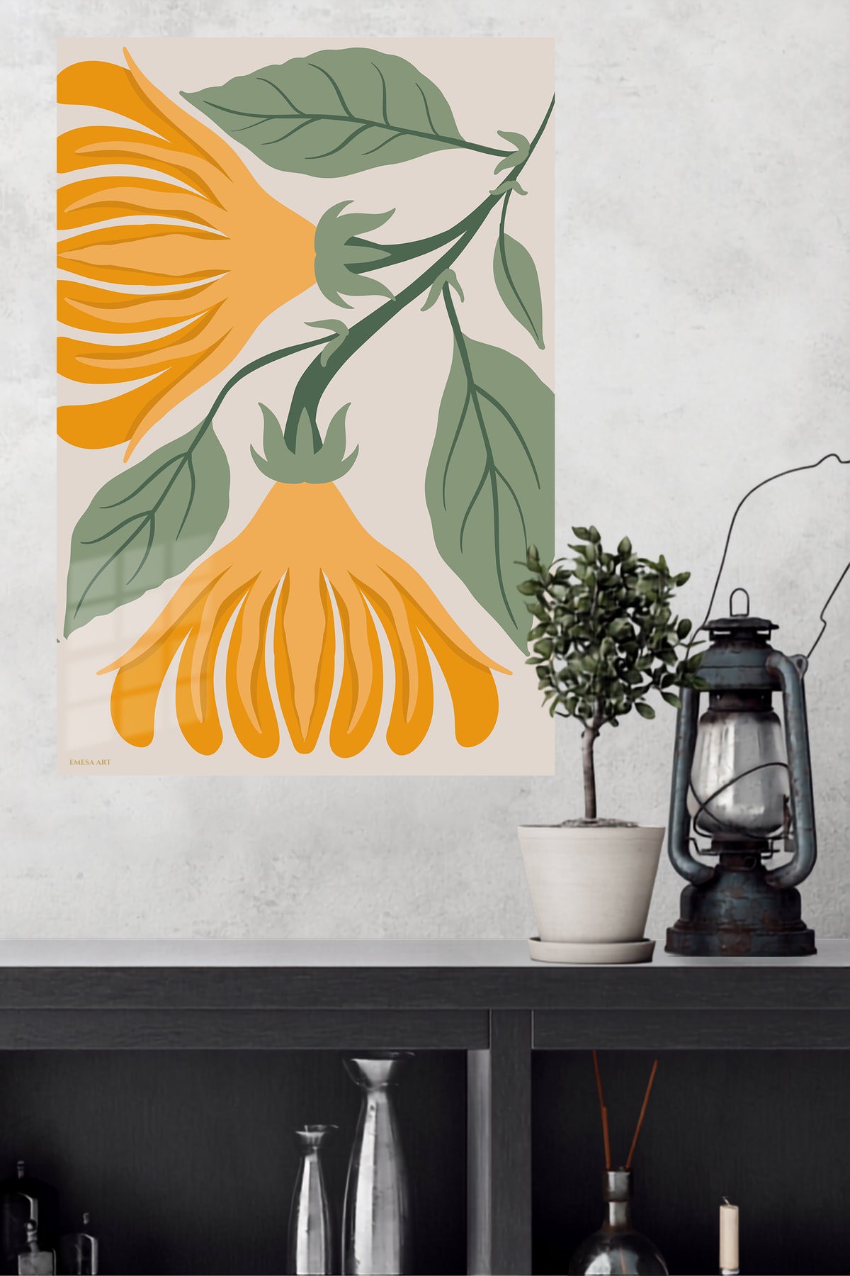 Golden Botanical Bells metal wall art displayed in a modern interior