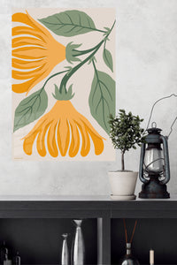 Golden Botanical Bells metal wall art displayed in a modern interior