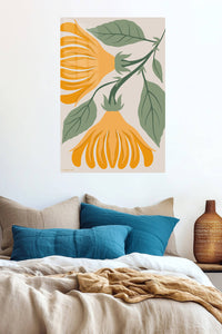 Golden Botanical Bells metal wall art displayed in a contemporary living space
