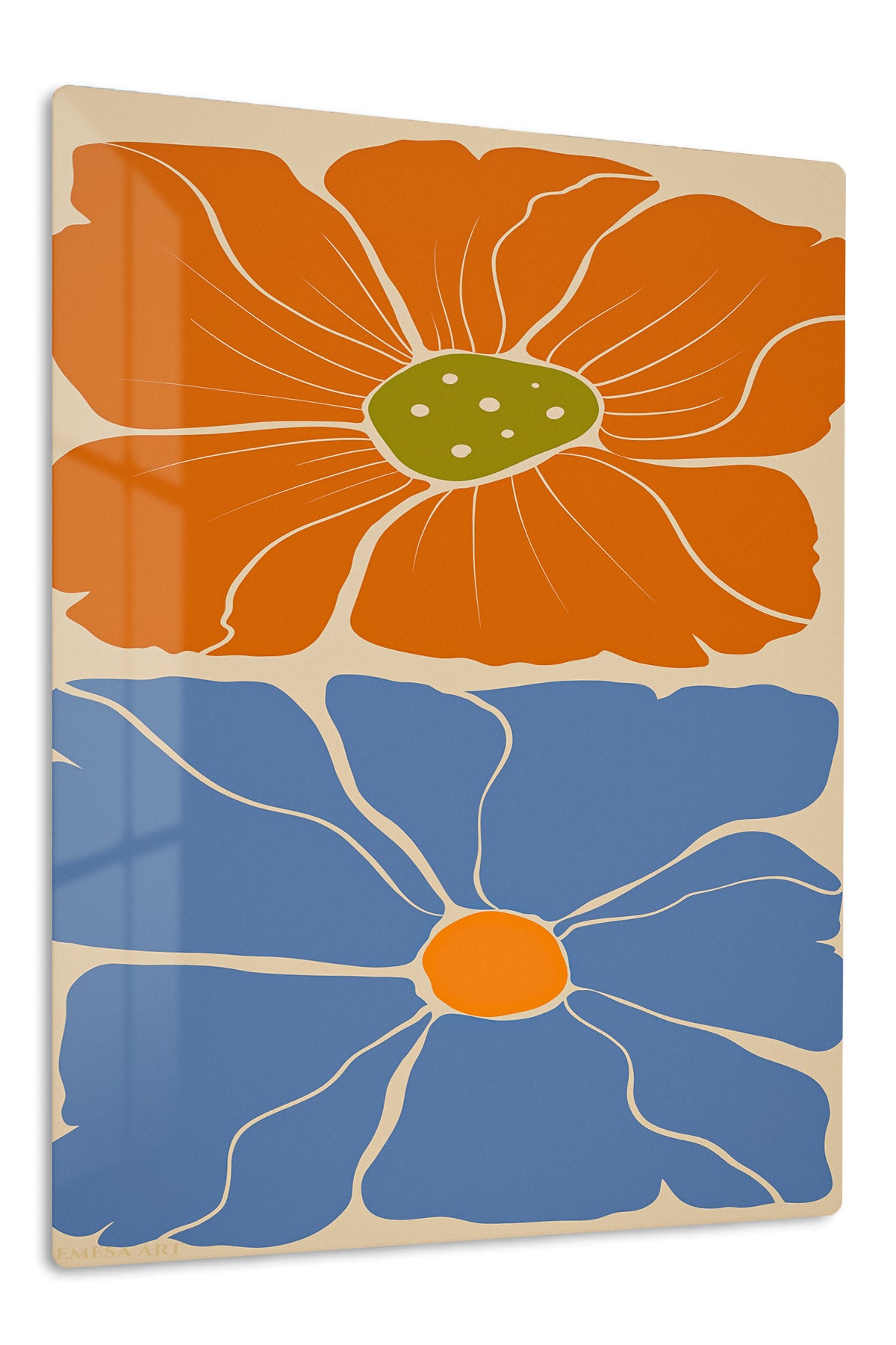 Terracotta and Blue Floral Duo premium metal wall art – front view