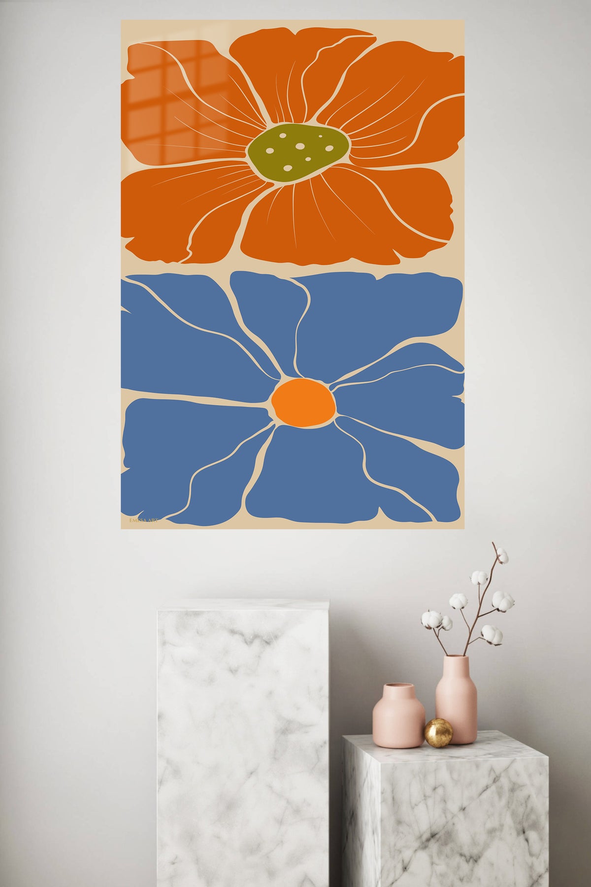 Terracotta and Blue Floral Duo metal wall art displayed in a modern interior