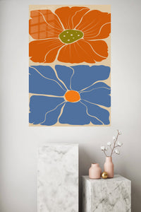 Terracotta and Blue Floral Duo metal wall art displayed in a modern interior