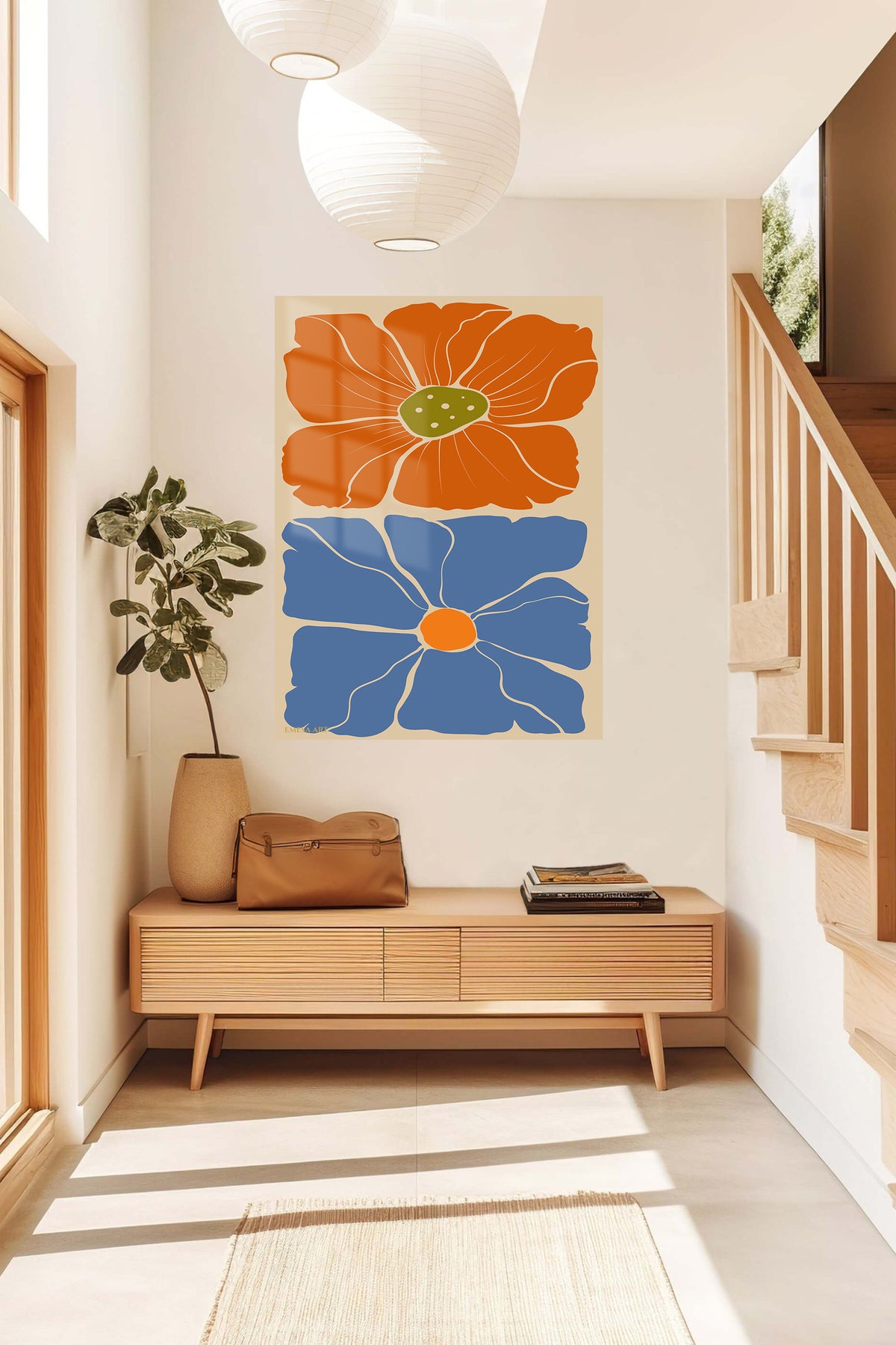 Terracotta and Blue Floral Duo metal wall art displayed in a contemporary living space