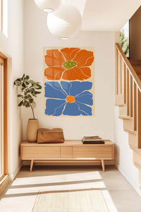 Terracotta and Blue Floral Duo metal wall art displayed in a contemporary living space