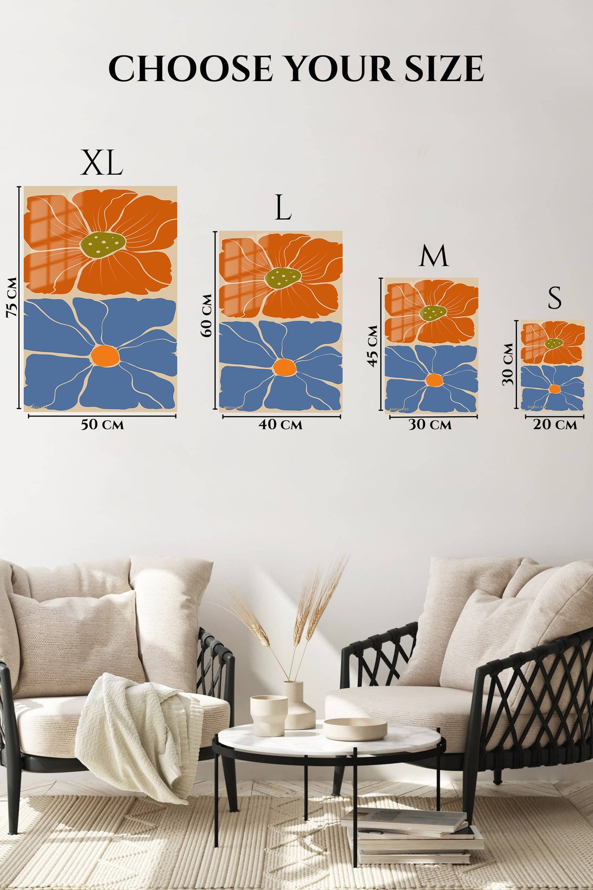 EMESA metal wall art size comparison guide for Terracotta and Blue Floral Duo