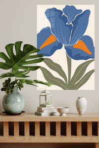 Blue Iris Bloom metal wall art displayed in a modern interior