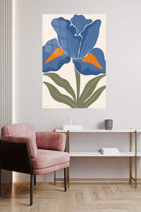Blue Iris Bloom metal wall art displayed in a contemporary living space