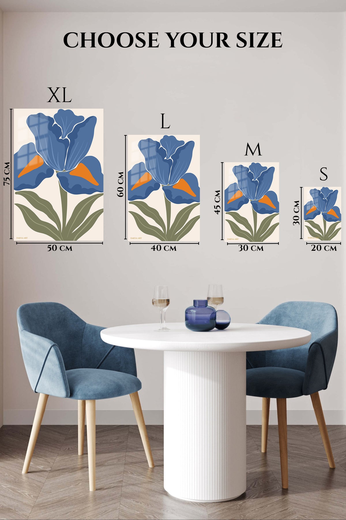 EMESA metal wall art size comparison guide for Blue Iris Bloom