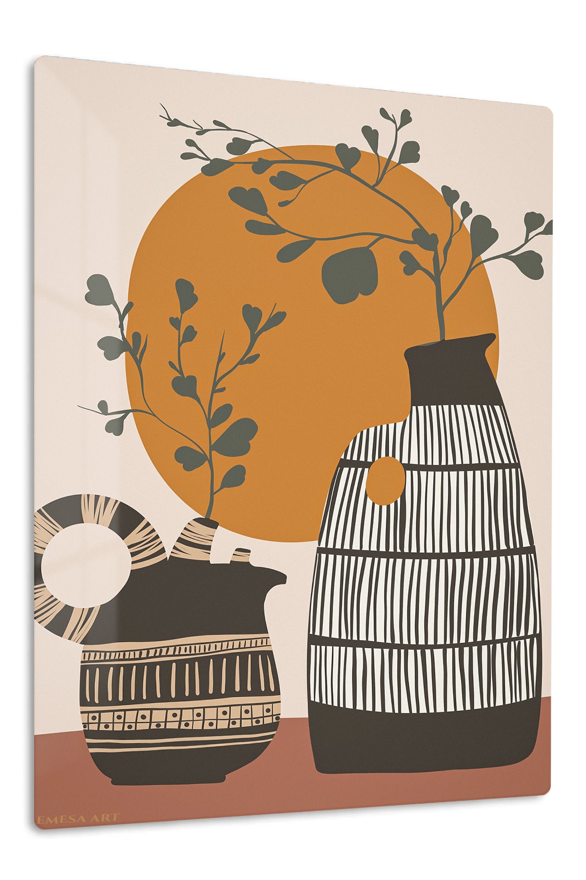 Terracotta Sun and Patterned Vases premium metal wall art – front view