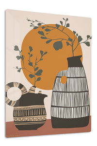 Terracotta Sun and Patterned Vases premium metal wall art – front view