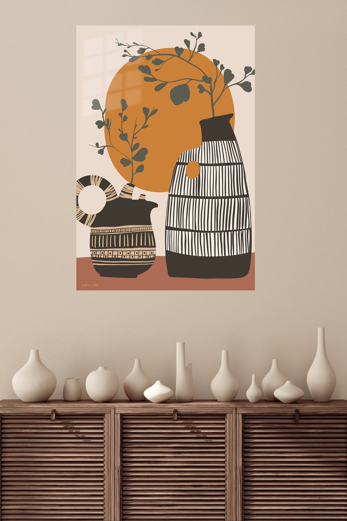 Terracotta Sun and Patterned Vases metal wall art displayed in a modern interior