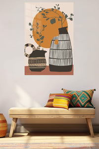 Terracotta Sun and Patterned Vases metal wall art displayed in a contemporary living space