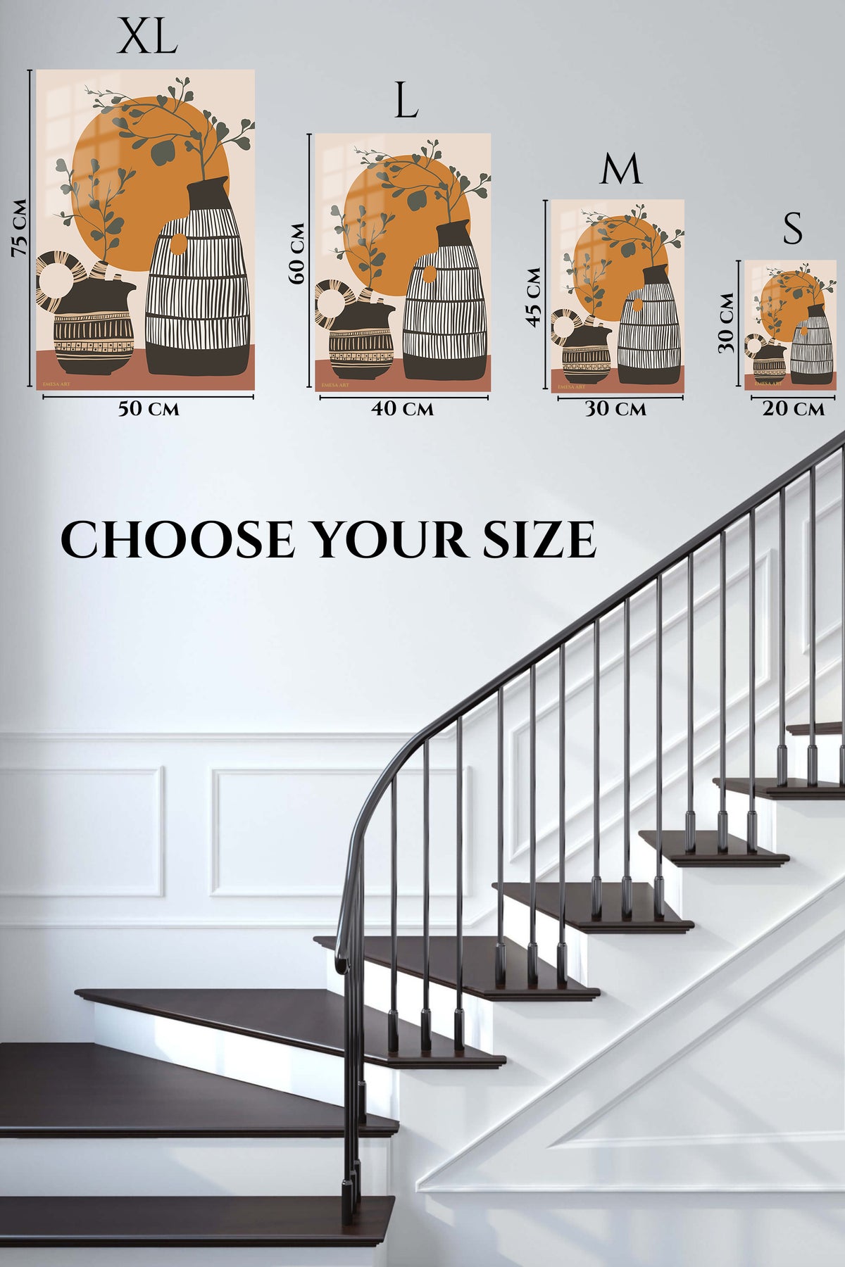 EMESA metal wall art size comparison guide for Terracotta Sun and Patterned Vases