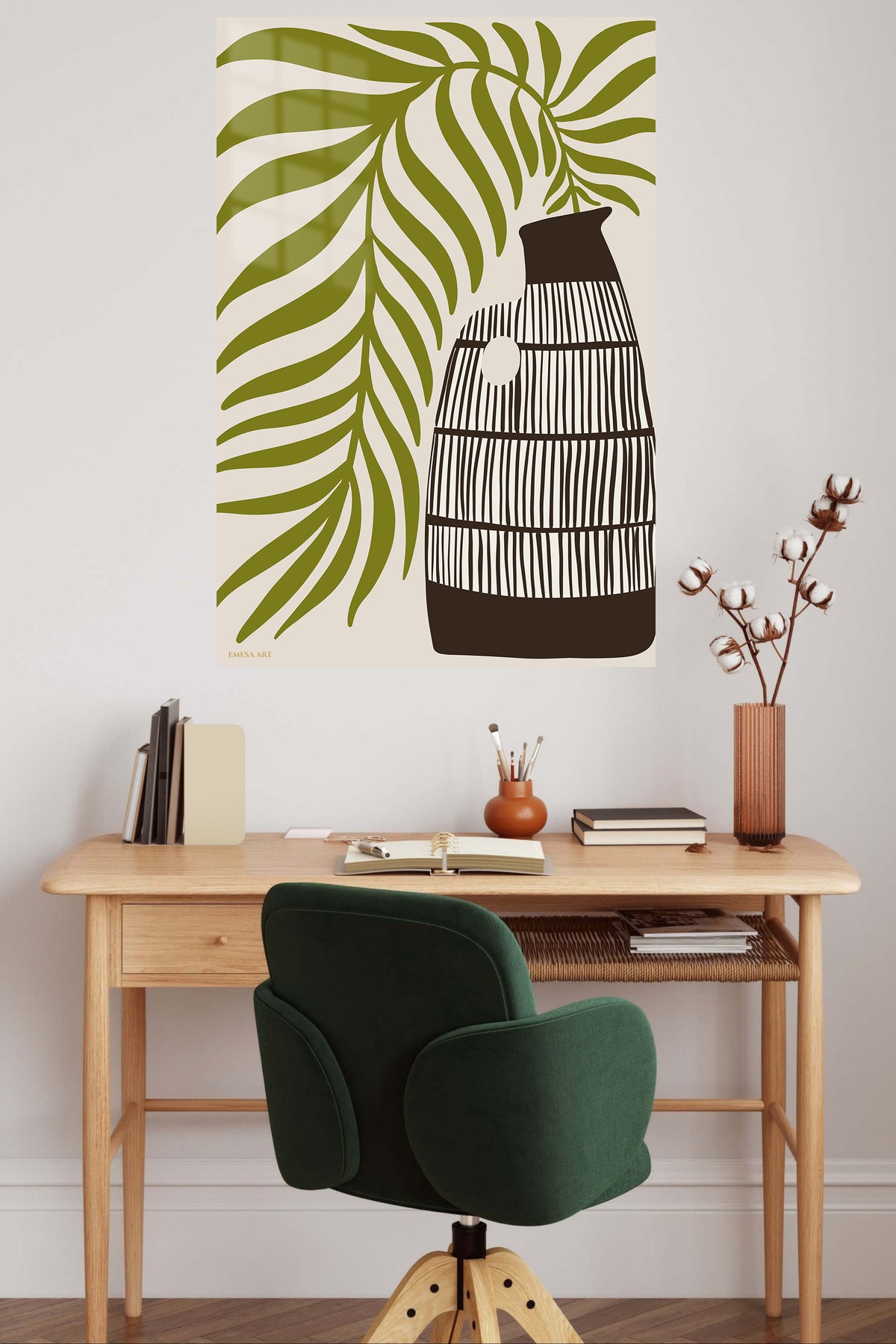 Olive Leaves and Striped Vase metal wall art displayed in a contemporary living space