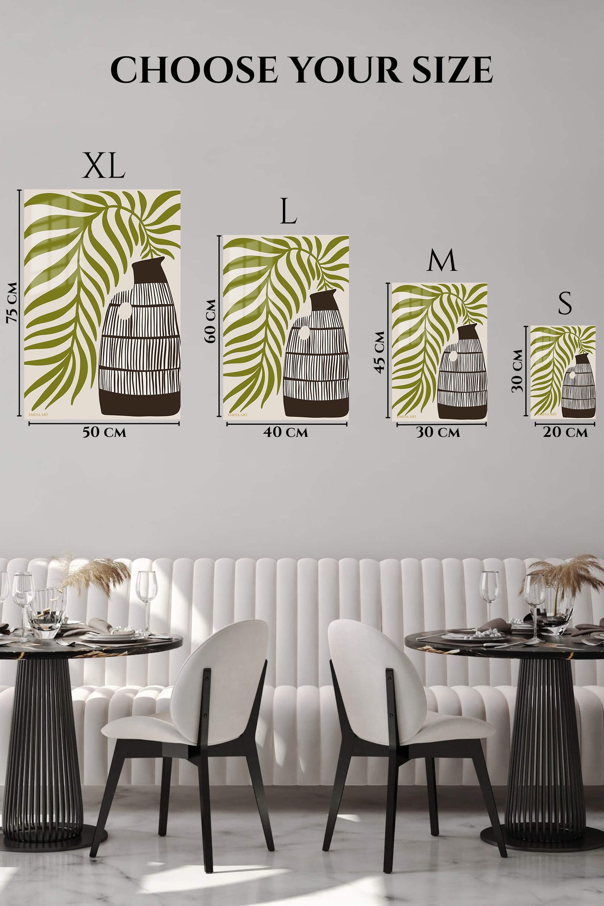 EMESA metal wall art size comparison guide for Olive Leaves and Striped Vase