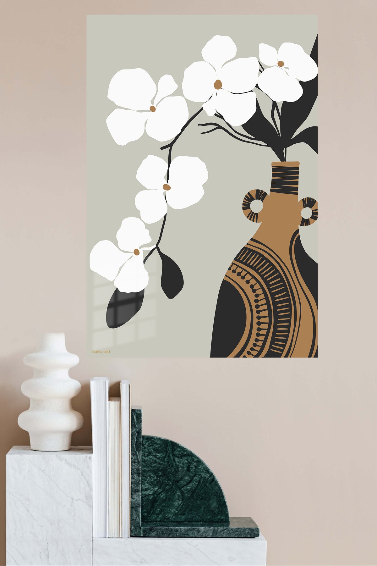 Orchid and Patterned Vase metal wall art displayed in a modern interior