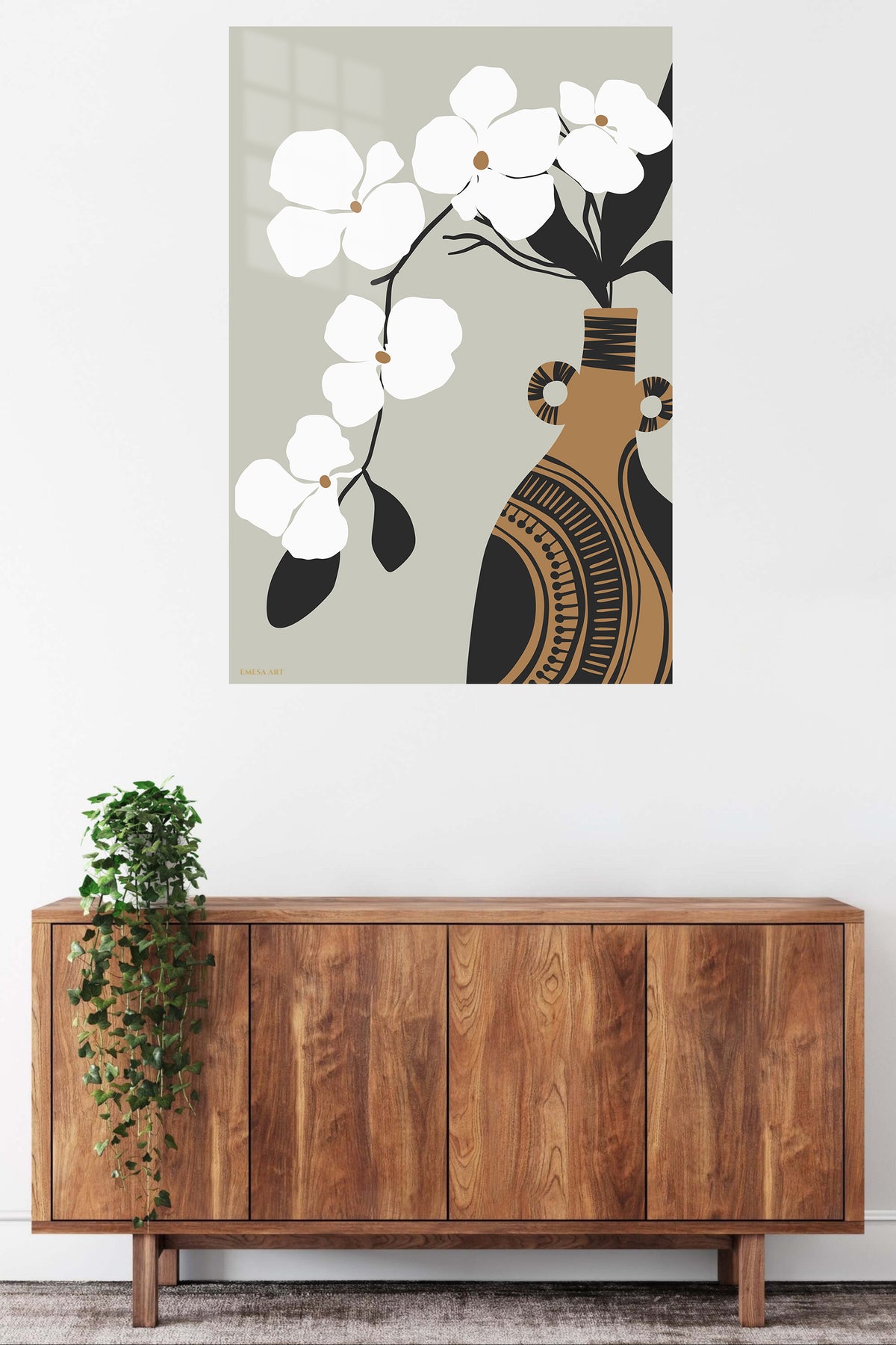 Orchid and Patterned Vase metal wall art displayed in a contemporary living space