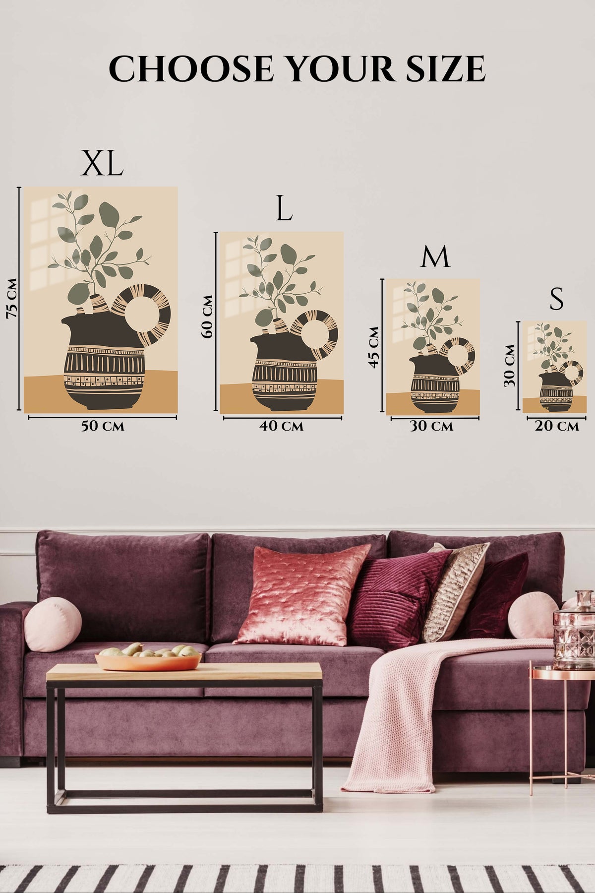 EMESA metal wall art size comparison guide for Earthenware Vessel with Olive Branch
