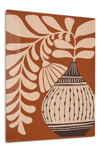 Earthen Vase and Botanical Leaves premium metal wall art – front view