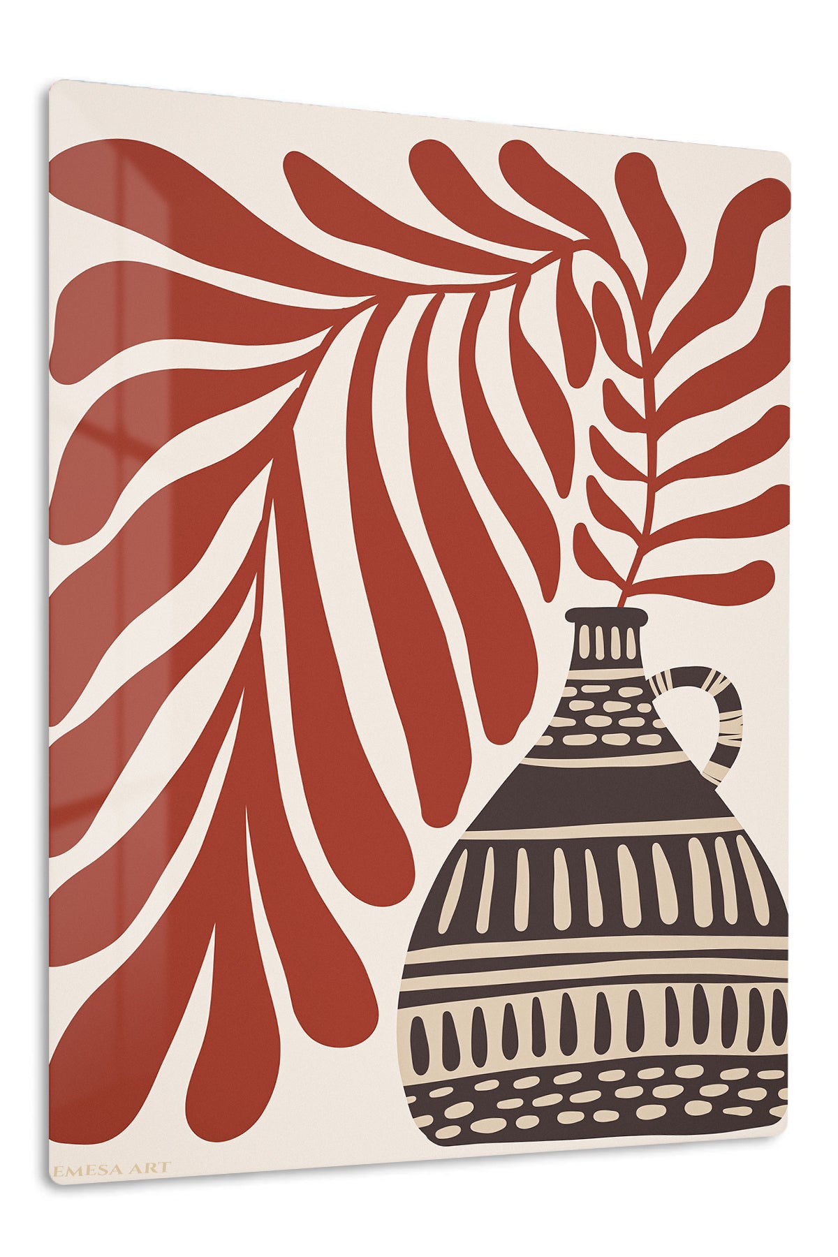 Terracotta Leaves and Patterned Vase premium metal wall art – front view