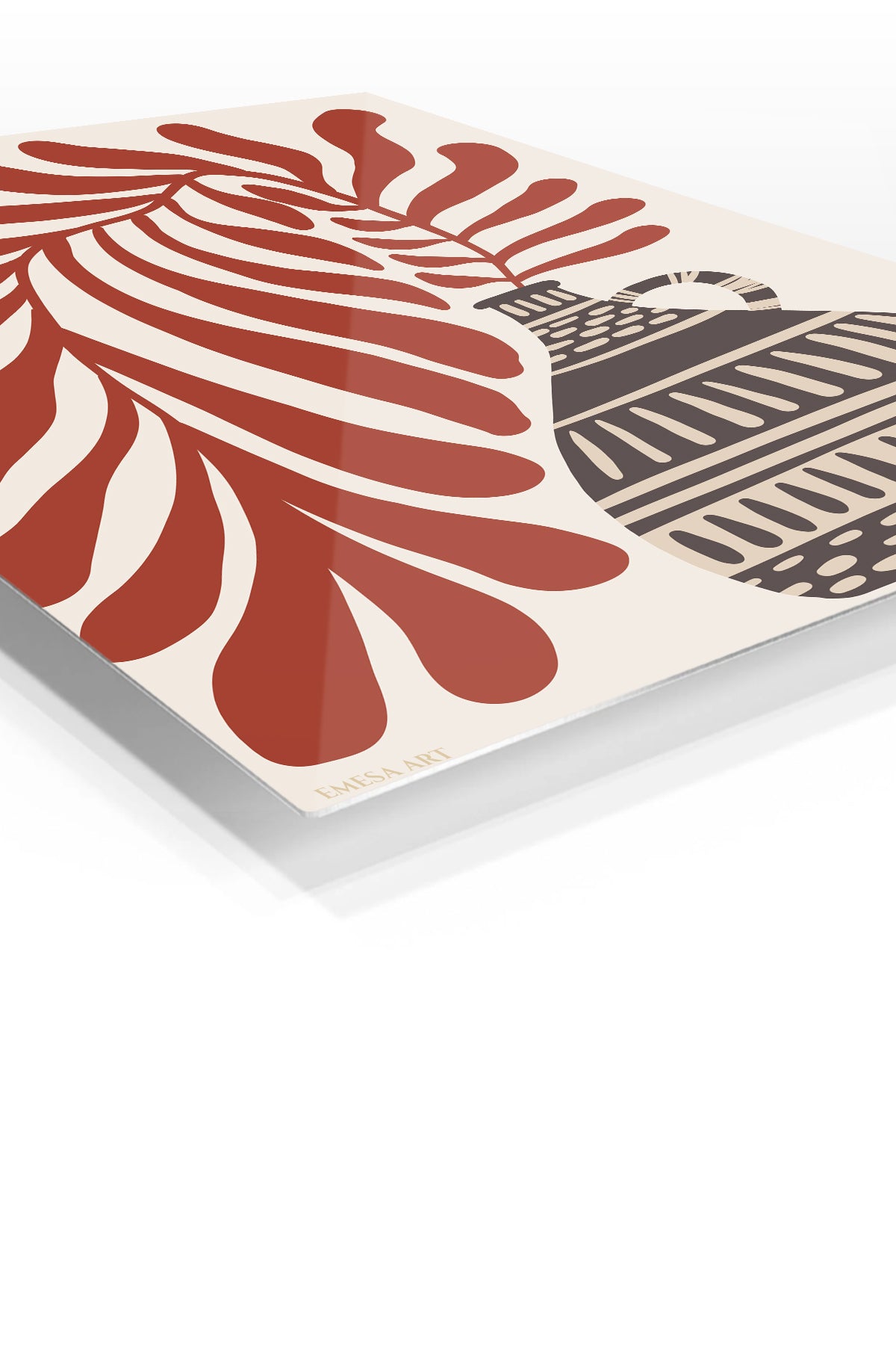 Terracotta Leaves and Patterned Vase premium metal wall art – angled view