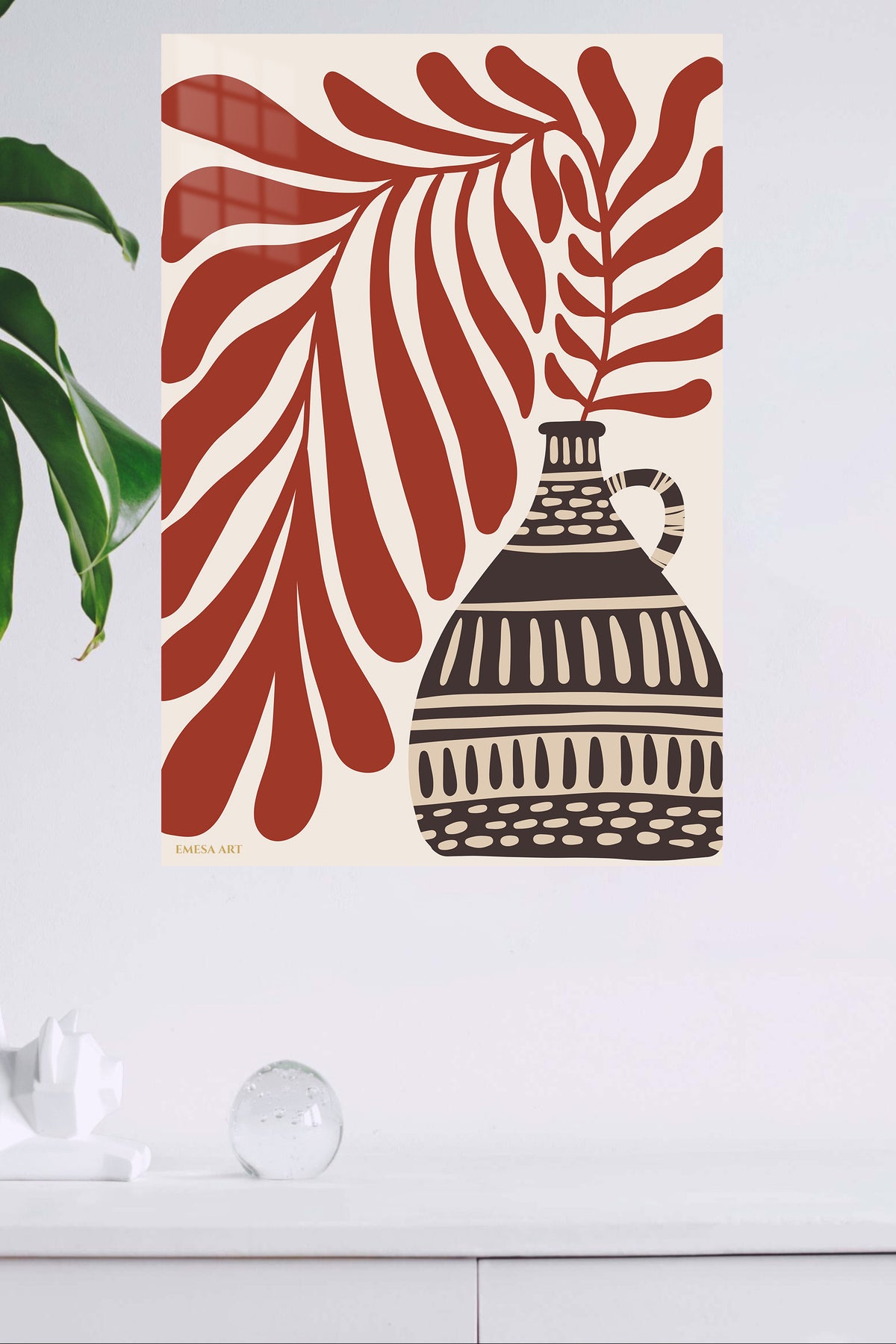 Terracotta Leaves and Patterned Vase metal wall art displayed in a modern interior