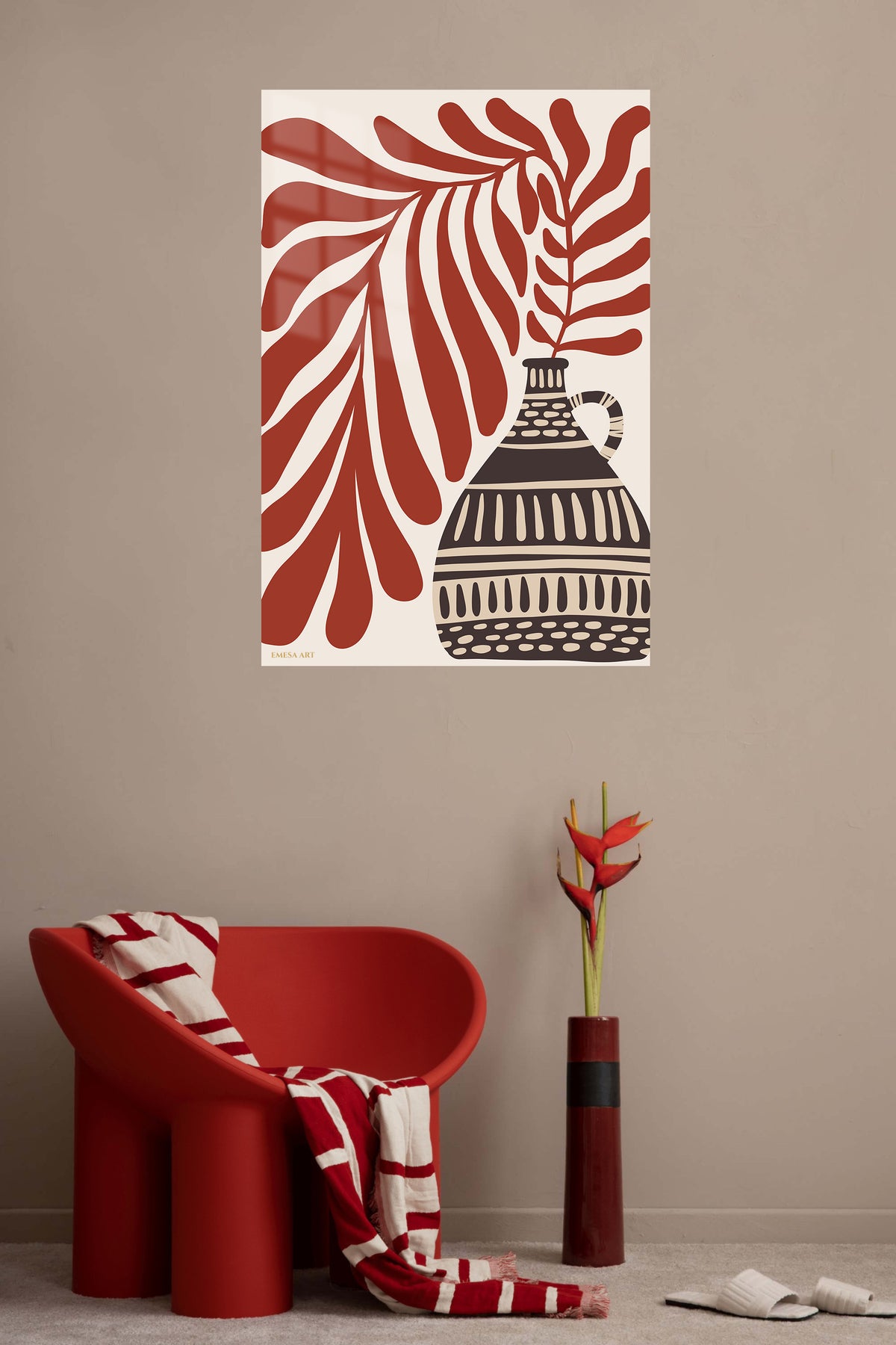 Terracotta Leaves and Patterned Vase metal wall art displayed in a contemporary living space