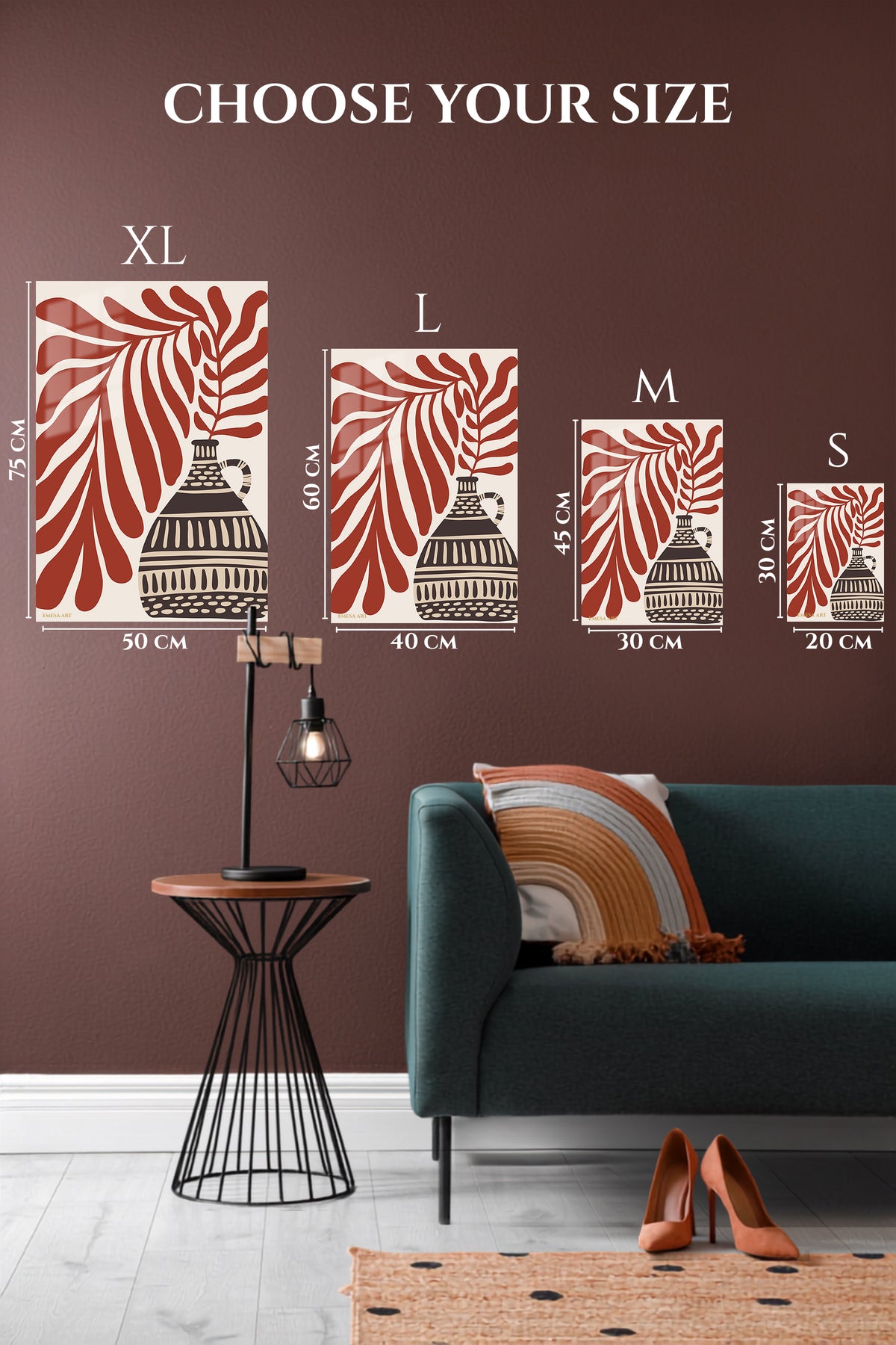EMESA metal wall art size comparison guide for Terracotta Leaves and Patterned Vase