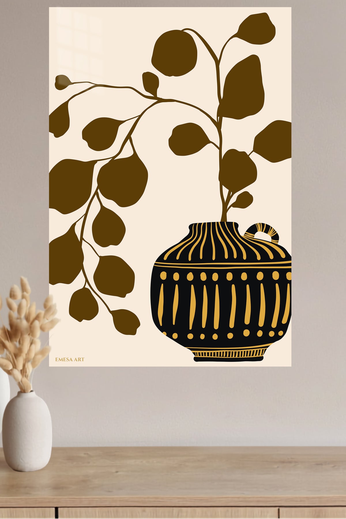 Golden Botanical Vase metal wall art displayed in a modern interior