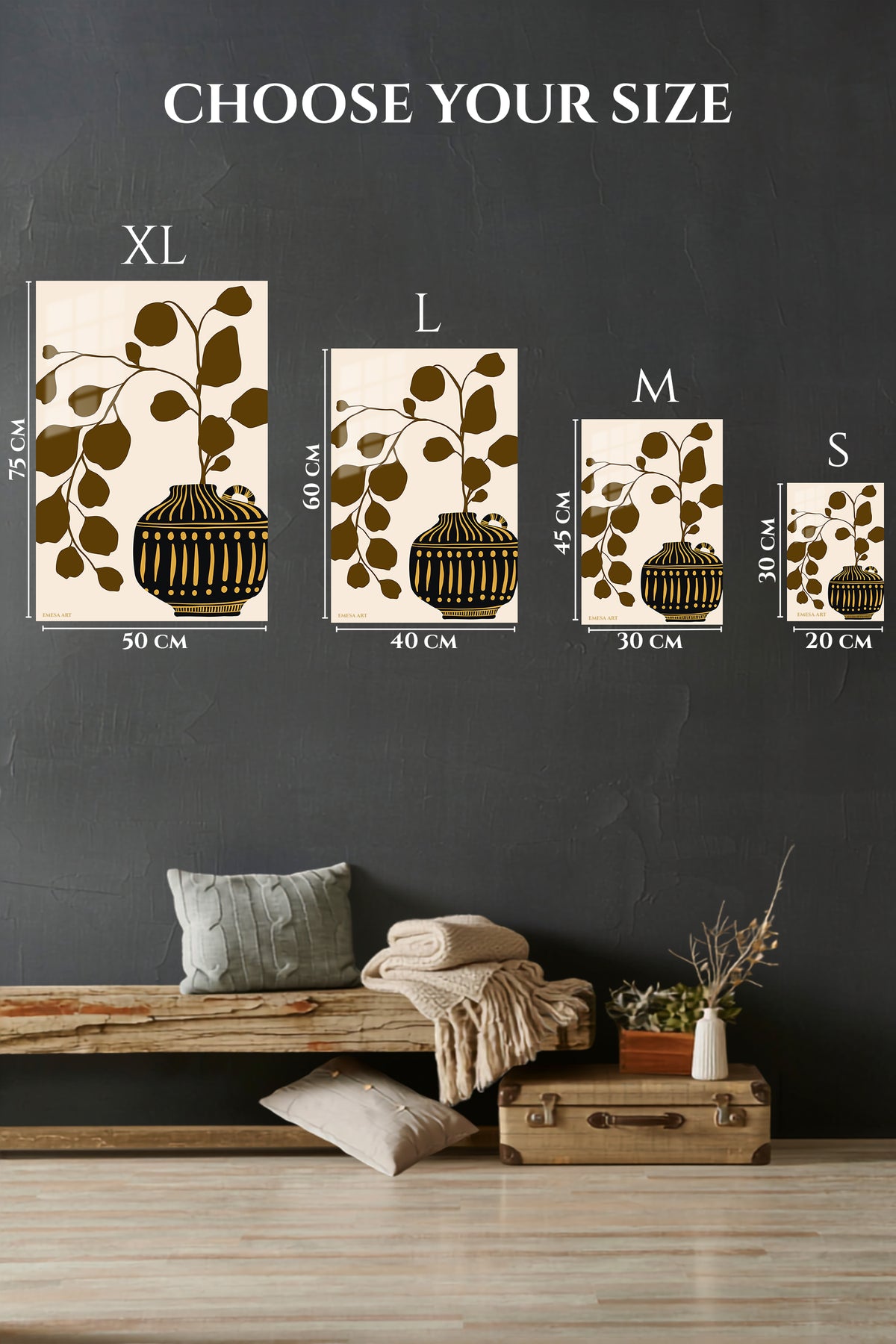 EMESA metal wall art size comparison guide for Golden Botanical Vase