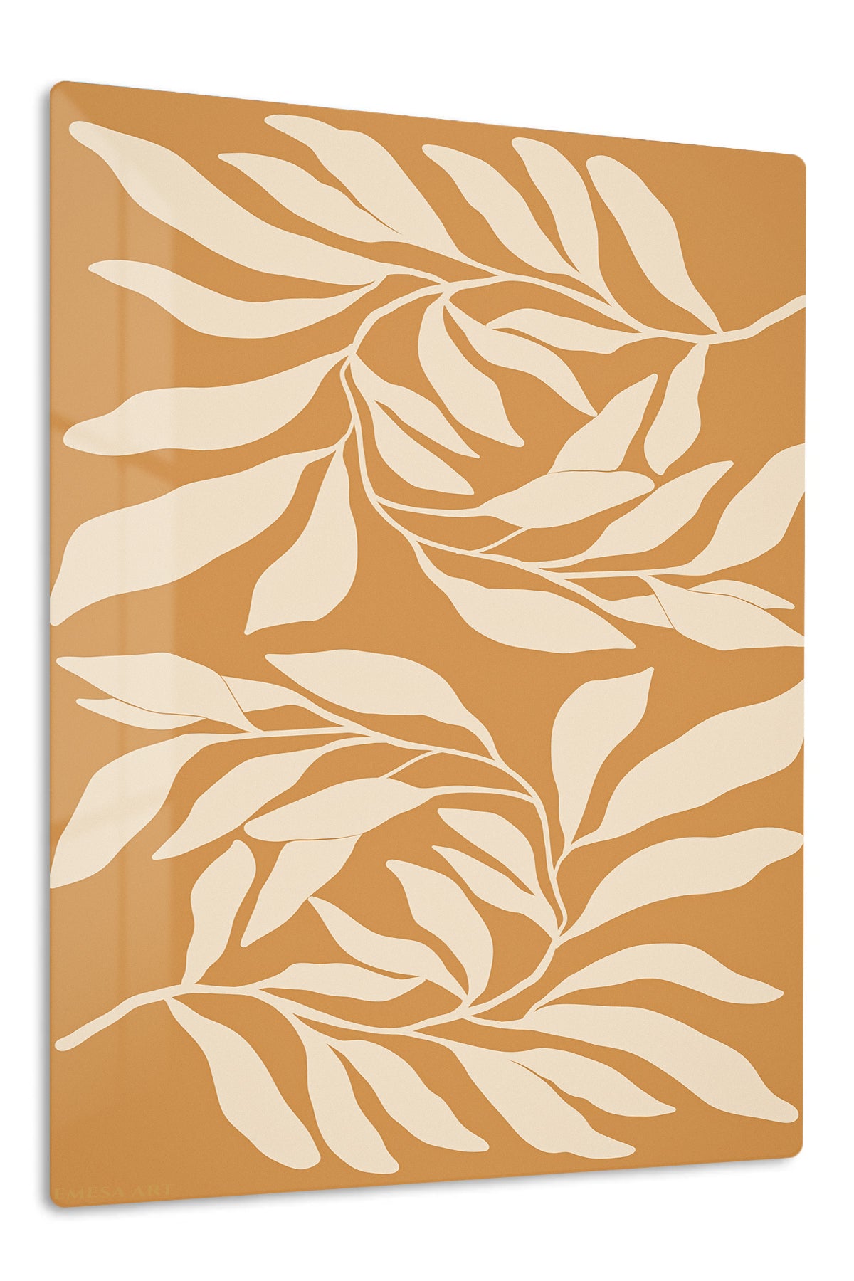 Cream Leaf Silhouettes on Ochre premium metal wall art – front view