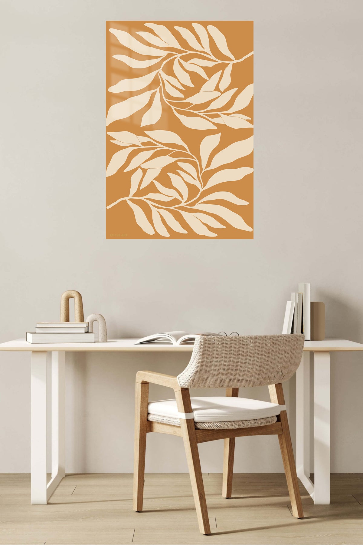 Cream Leaf Silhouettes on Ochre metal wall art displayed in a contemporary living space