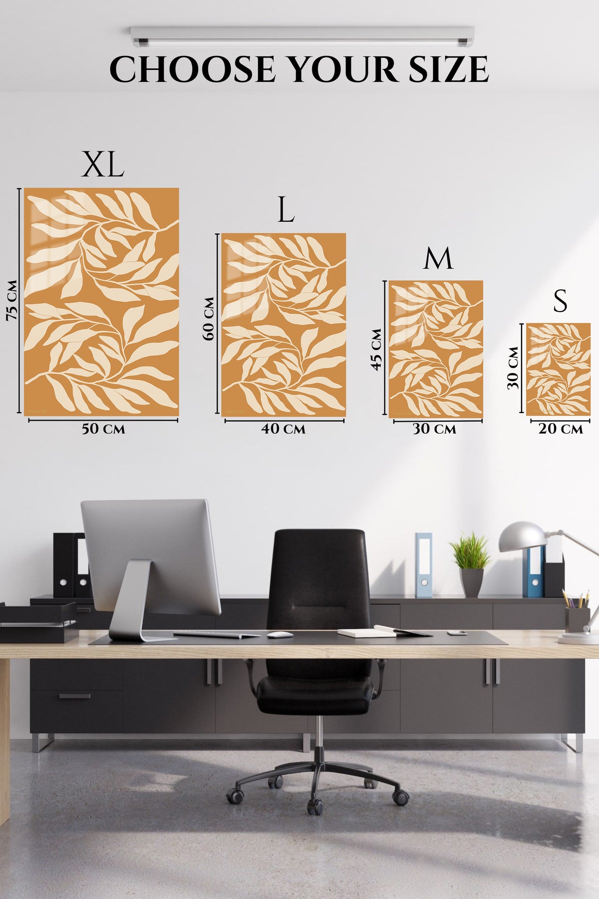 EMESA metal wall art size comparison guide for Cream Leaf Silhouettes on Ochre